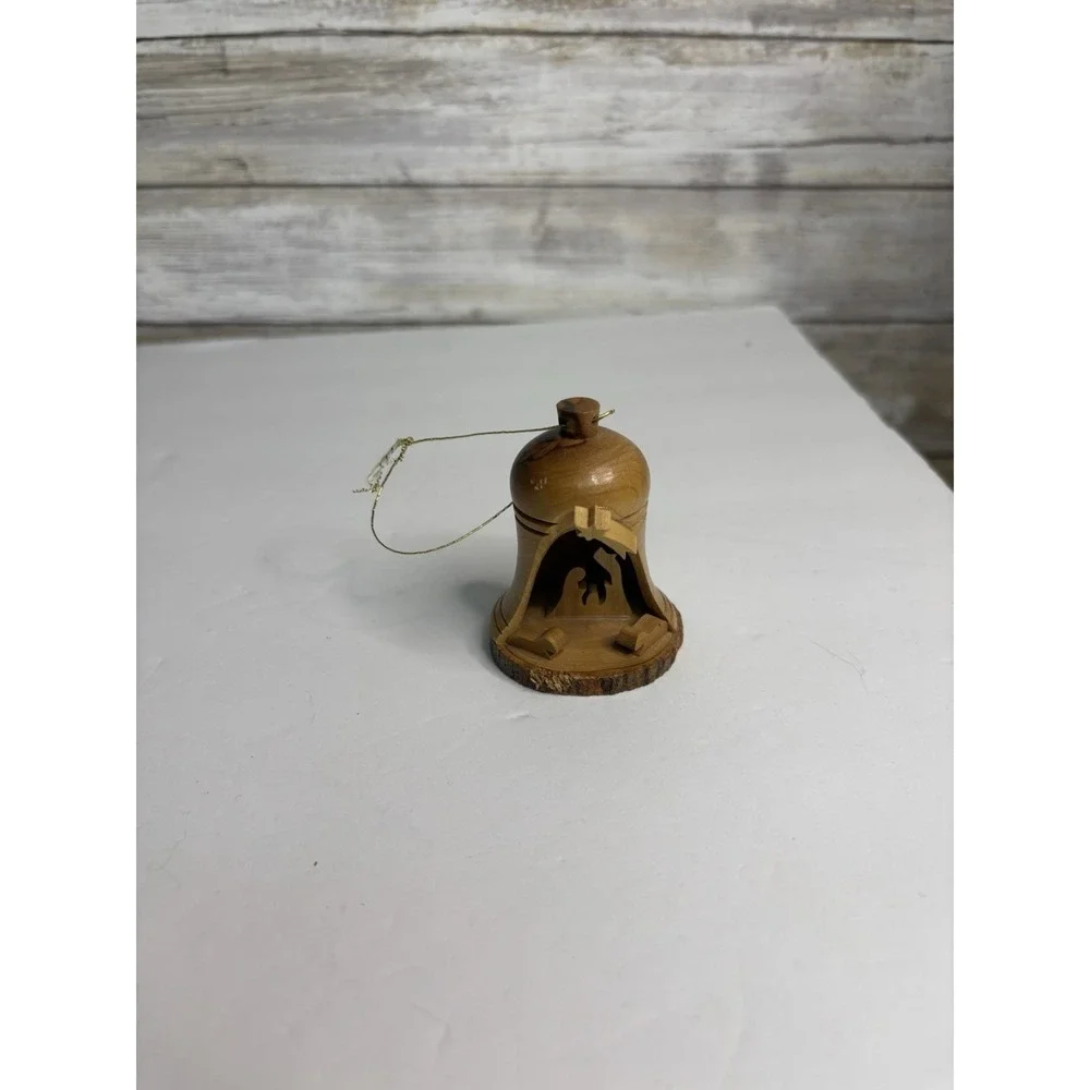 Handcrafted Wooden Christmas Ornament Bell W/ nativity scene 3.5